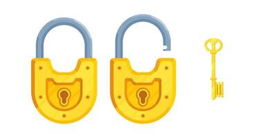 Illustration of a flat key with open and closed semi-circular lock vector