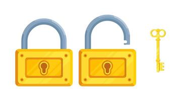 Illustration of flat detailed locks with open and closed lock and key vector
