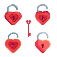 Different open locks simple illustrtions in the shape of hearts with a key for them vector