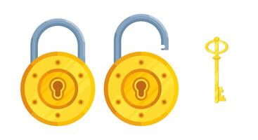 Illustration of flat detailed round locks with open and closed lock and key vector