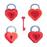 Red closed locks illustrations in the shape of hearts with a key for them vector