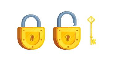 Isometric flat Illustration of a key with open and closed semi-circular lock vector