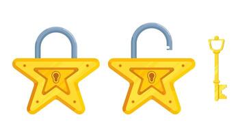 Illustration of flat detailed star shaped locks with open and closed lock and key vector