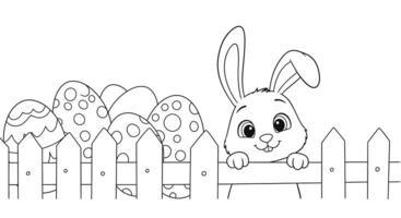 Playful Bunny Peeking Over a Fence with Easter Eggs Coloring Page for Kids vector