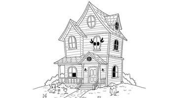 Creepy cartoon style haunted house building with a funny face outline drawing ideal for kids halloween activities vector