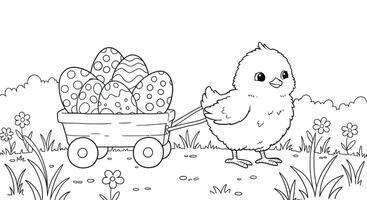 Playful Chick Character Riding an Easter Wagon Coloring Page for Kids vector