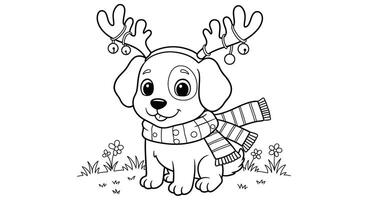 Festive Christmas Dog with Antlers Cute Coloring Page for Children vector