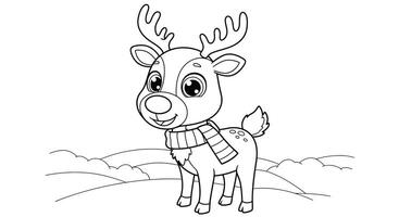 Adorable cartoon style reindeer with a cozy scarf outline drawing ideal for kids to color during Christmas time vector