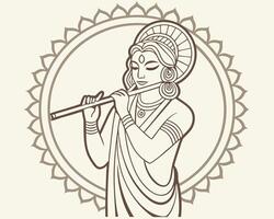 Elegant depiction of Krishna playing flute within a decorative circular frame vector
