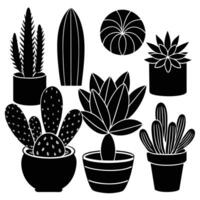 Black and White Silhouette Illustration of Various Potted Cactus and Succulent Plants vector