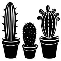 Black and White Silhouette Illustration of Three Potted Cacti Plants vector