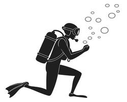 Silhouette of a Scuba Diver Kneeling Underwater with Bubbles Rising Upward vector