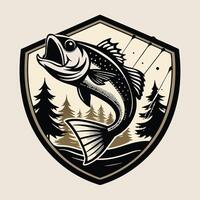 Bass Fishing Emblem with Trees and Fishing Line in a Shield vector