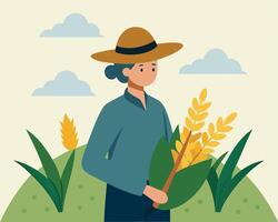 Stylized Illustration of a Farmer Holding Wheat in a Field vector