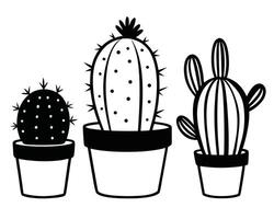 Three potted cacti in a simple black and white line drawing style vector