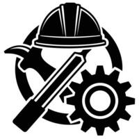 Construction and Engineering Icon with Hard Hat Hammer Chisel and Gear vector