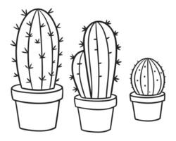 Three Potted Cactus Plants in a Simple Black and White Illustration vector