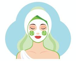 Woman with face mask and cucumbers spa day skincare routine vector