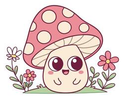 Cute Cartoon Mushroom Character with Flowers and a Pink Polka Dot Cap vector