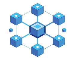 Isometric Blue Cube Network Decentralized System with Central Node and Peripheral Connections vector