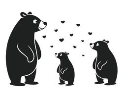 Silhouette of a Bear Family Surrounded by Hearts on a White Background vector