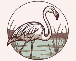 Elegant Flamingo Illustration in a Circle Frame with Natural Background Elements vector