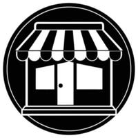 Black and White Storefront Icon with Striped Awning in Circle vector