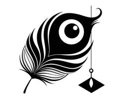 Stylized Peacock Feather with Eye and Hanging Geometric Shape in Black and White vector