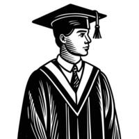 Monochrome Illustration of a Graduate in Cap and Gown Looking to the Side vector