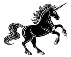 Elegant Black Unicorn Rearing Up on White Background in Stylized Illustration vector