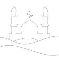 Simple Mosque Outline with Crescent Moon on Desert Hills Illustration vector