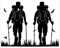 Silhouette of Two Hikers with Backpacks and Trekking Poles in Nature vector