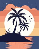 Tropical Island Sunset Silhouette with Palm Trees and Birds in Flight vector