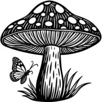 Black and White Mushroom with Butterfly Illustration in Simple Graphic Style vector