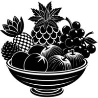 Monochrome Fruit Bowl Still Life Pineapple Grapes Apples and Pinecone vector