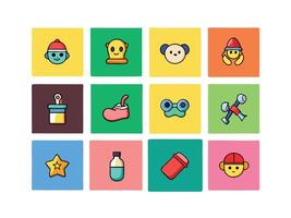 Collection of Cute Cartoon Icons on Colorful Squares for Children s Design vector