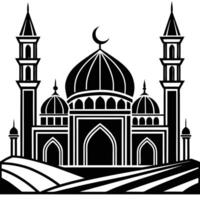 Elegant Black and White Mosque Illustration with Crescent Moon and Minarets vector