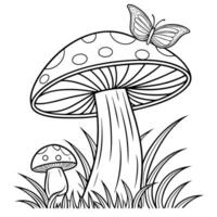 Mushroom and Butterfly Coloring Page with Grass and Smaller Mushroom vector
