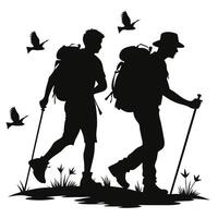 Silhouette of Two Hikers with Backpacks and Birds in Flight vector