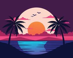 Tropical Sunset Landscape with Palm Trees Birds and Ocean View vector