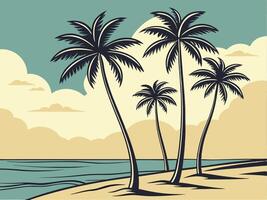 Retro Palm Tree Beach Scene with Ocean Sky and Clouds Illustration vector