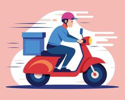 Delivery Service Illustration Courier on Scooter with Box Against Abstract Background vector