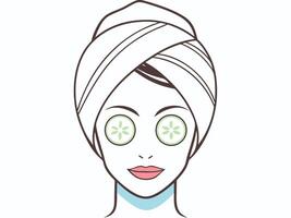 Woman with towel on head and cucumber slices on eyes for spa treatment vector
