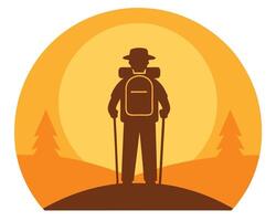 Silhouette of a Hiker with Backpack in a Mountainous Landscape vector