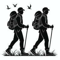 Silhouette of Two Hikers with Backpacks and Walking Sticks in Nature vector