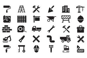 Collection of real estate and construction icon element. Containing crane, truck, hammer, building, manufacturing, vehicle, helmet, paint brush, ladder, brick, excavator, engineering tools and more vector