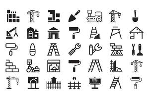 Construction icon element set. Containing crane, hammer, building, manufacturing, paint brush, ladder, brick, home interior, engineering tools and more vector
