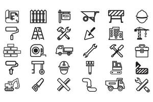 Bundle of real estate and construction icon element. The icon including crane, truck, hammer, vehicle, helmet, paint brush, ladder, brick, excavator, engineering building tools and more icon vector
