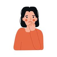 Girl thinks about question, search for help, doubt and fear. Woman thinks or solves problem. Pensive girl illustration vector