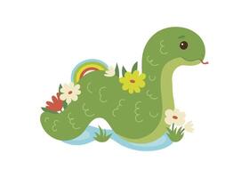 Cute green snake animal kawaii character in spring with flower, symbol 2025 year. Wild reptile with tongue, serpent. Cartoon hand drawn style for children illustration vector